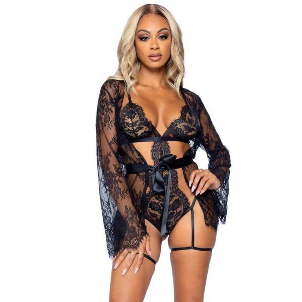 Leg Avenue - All Romance Lace Teddy and Robe Set - Black - Picture 8 of 13